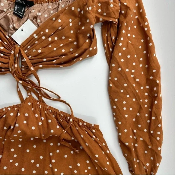 Forever 21 Brown Polka Dot Cutout Long Sleeve Dress – Size M, NWT - Picture 3 of 6